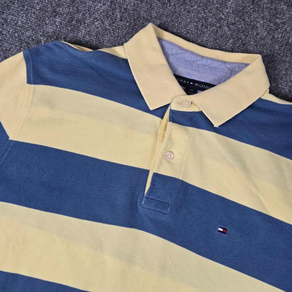 Tommy Hilfiger Men's Custom Fit Polo Shirt Large Yellow Blue Stripe Short Sleeve